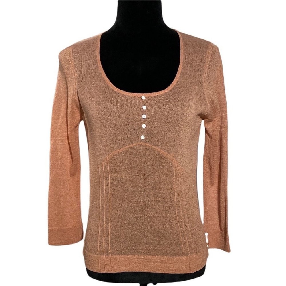 ABSOLU‎ Top MED Peach Delicate Pleat Blouse 3/4 Sl Cottage Core Romantic